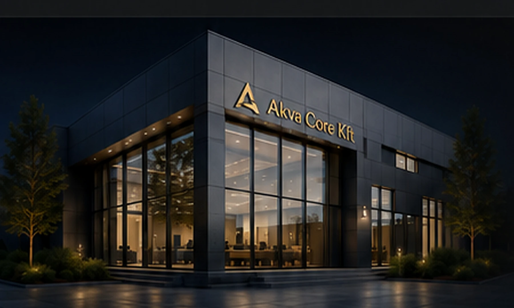 Illustrative modern Akva Core Kft showroom at night