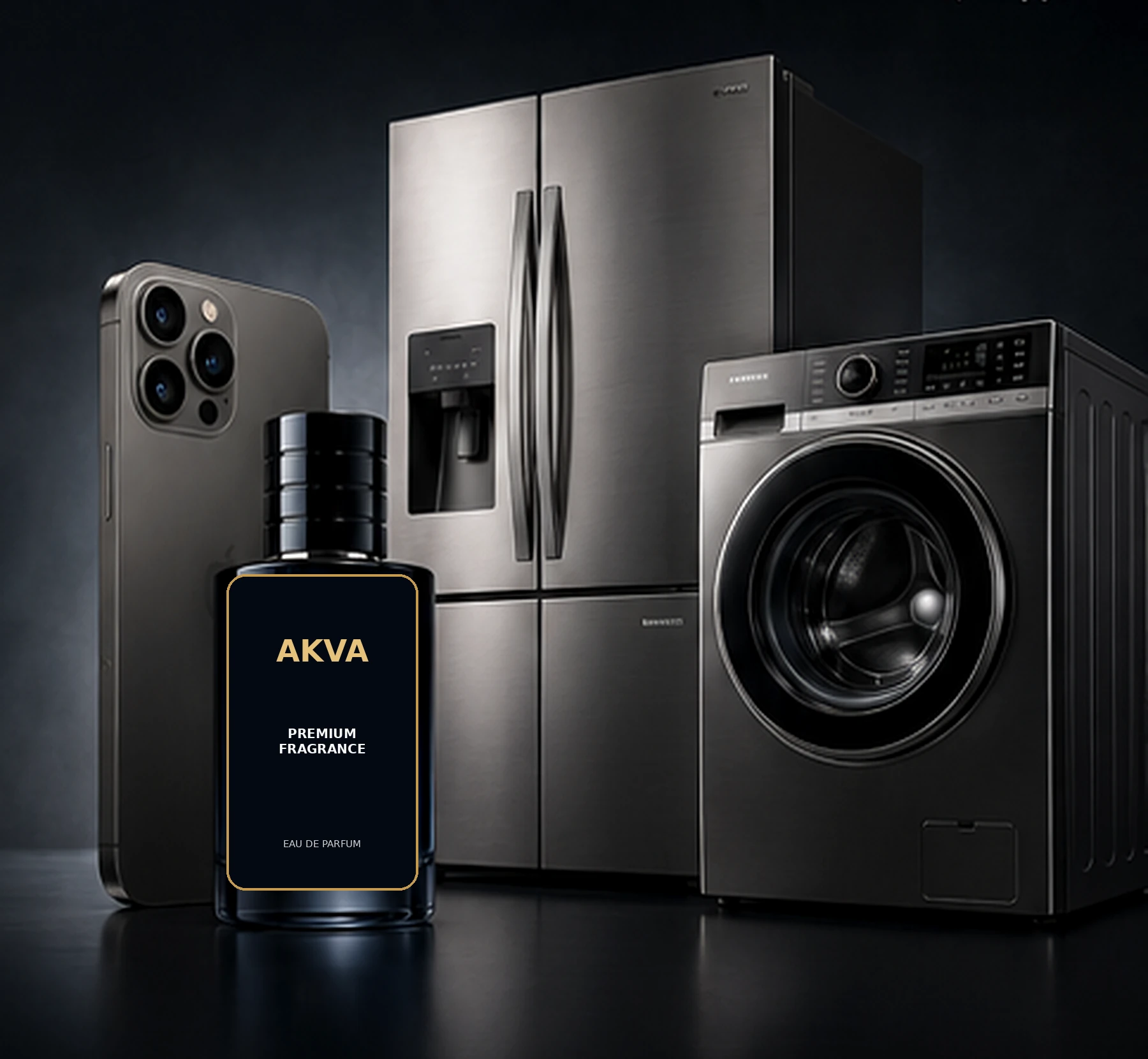 Illustrative arrangement of a smartphone, fragrance bottle, refrigerator and washing machine