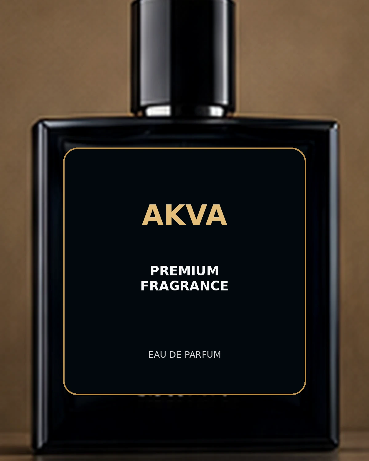 Dark premium fragrance bottle with Akva presentation label